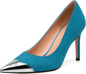 Women's Pumps, Silver Metallic Patchwork Closed Toe Stiletto Heels, Fashion Slip On High Heel Shoes for Women