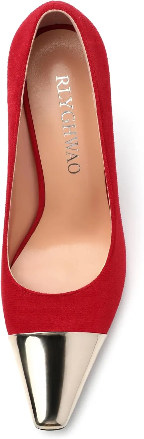 Women's Pumps, Square Toe High Heels, Fashion Patchwork Color Slip On Chunky Heel Shoes for Women