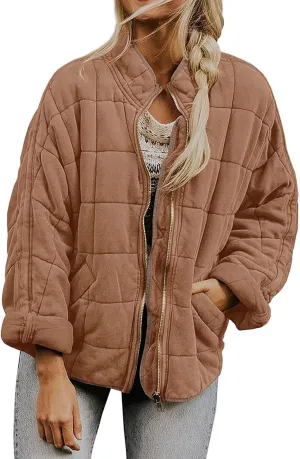 Women'S Quilted Lightweight Jackets Fall Casual Puffer Jacket Warm Winter Bomber Coats Oversized Outerwear Pockets
