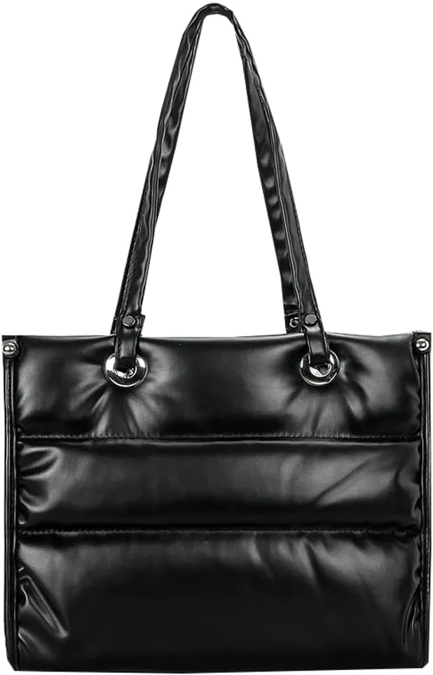 Womens Quilted Shoulder Bags Large PU Leather Tote Purse Padding Down Cotton Handbag Crossbody Top Handle Satchel