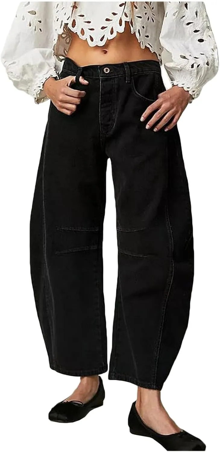 Women's Ripped Jeans Baggy Mid Waist Jeans Wide Leg Loose Boyfriend Denim Pants Straight Cropped Barrel Jeans, S-XL