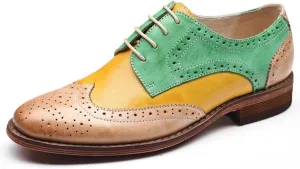 Women's Round Toe Low Heel Block Leather Oxfords Shoes Classic Comfortable Lace-Up Patchwork Multicolor Perforated Wingtip Brogues Derby Saddle Pumps