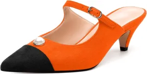 Women's Sandals, Pointed Toe Low Kitten Heels, Two Toned Patchwork Fashion Backstrap Buckle Slide Sandal for Working Wedding Party