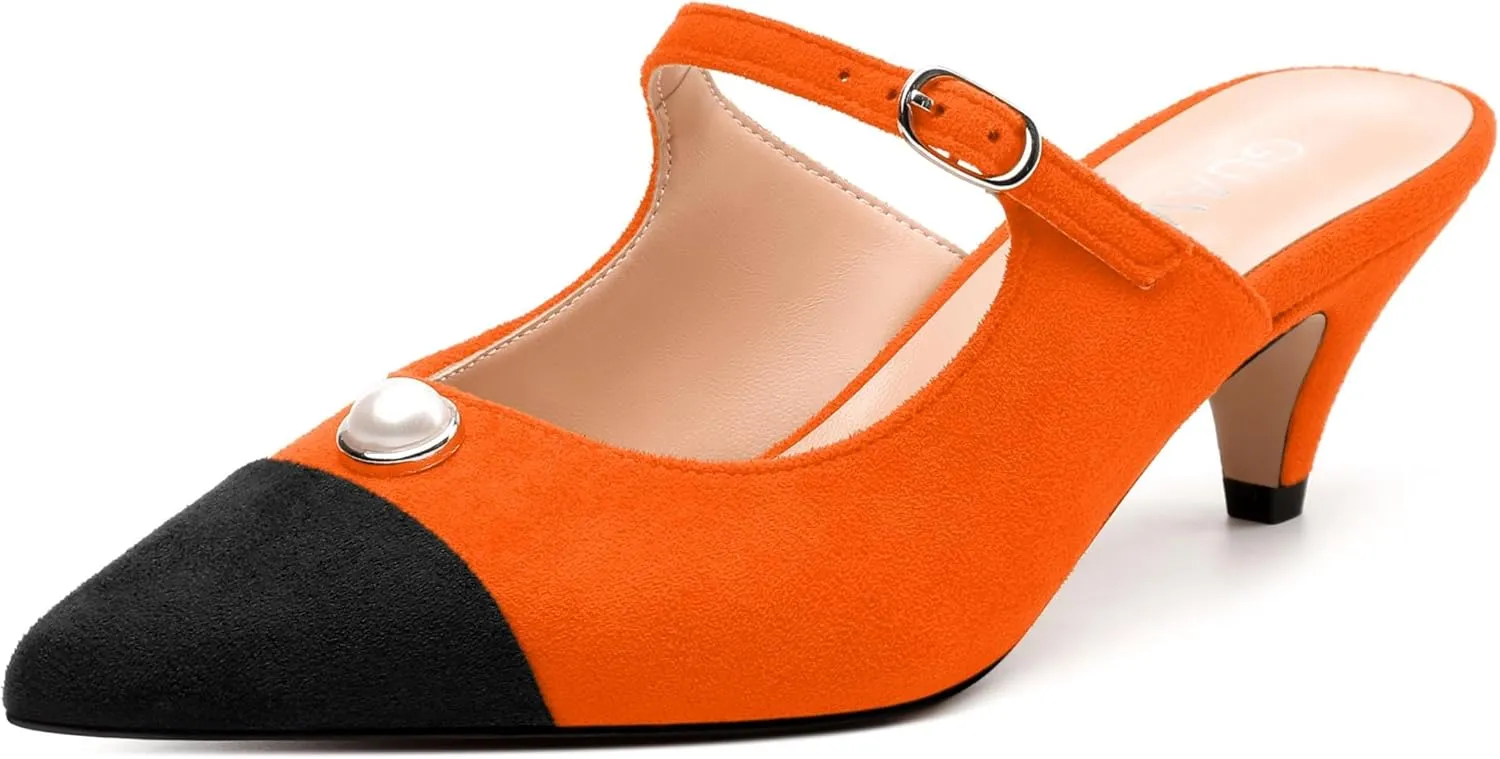 Women's Sandals, Pointed Toe Low Kitten Heels, Two Toned Patchwork Fashion Backstrap Buckle Slide Sandal for Working Wedding Party