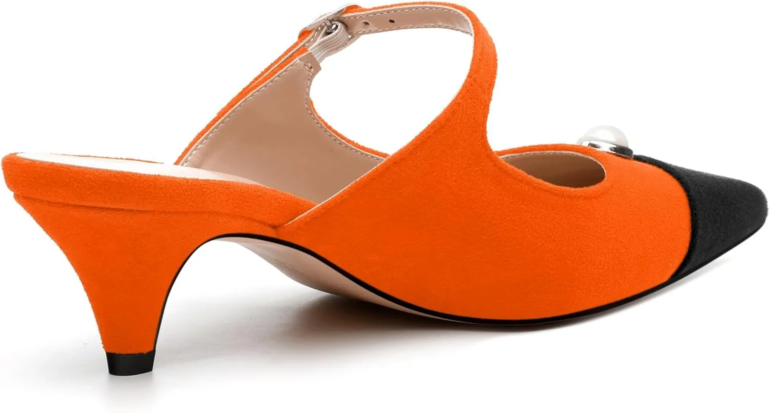 Women's Sandals, Pointed Toe Low Kitten Heels, Two Toned Patchwork Fashion Backstrap Buckle Slide Sandal for Working Wedding Party