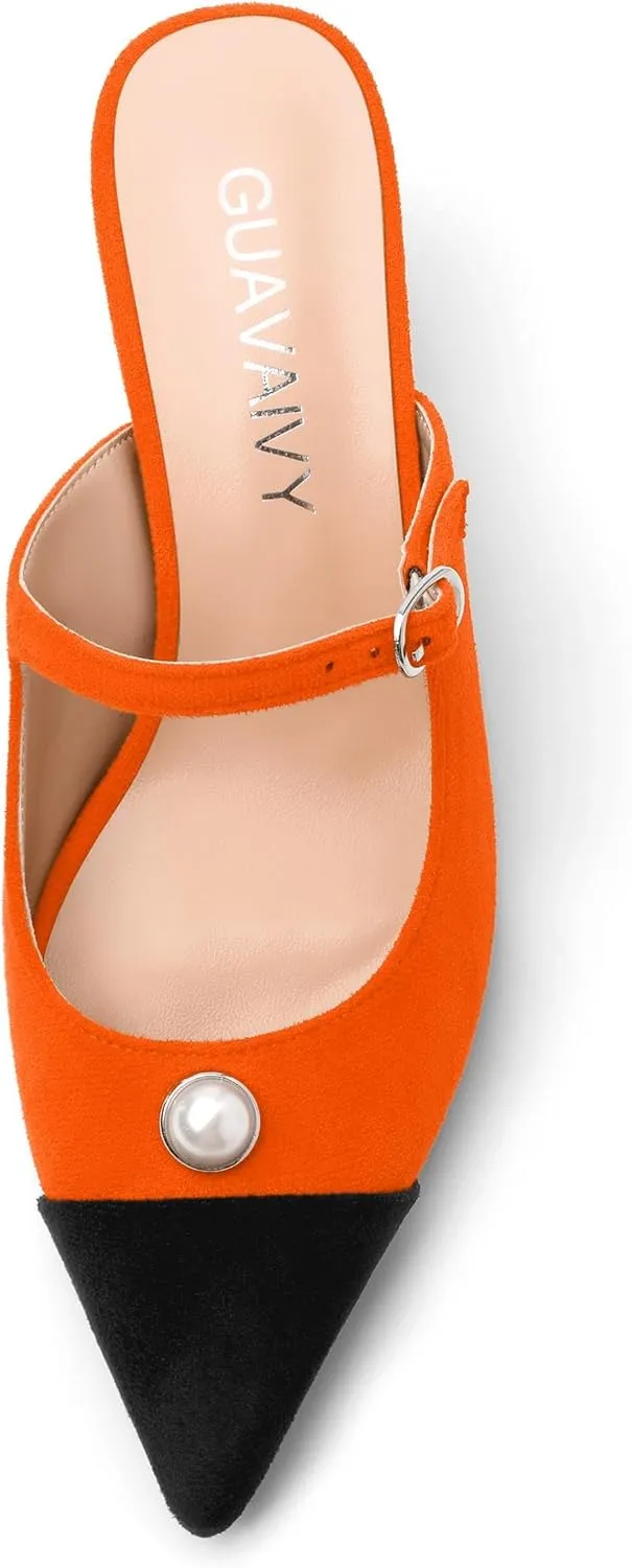 Women's Sandals, Pointed Toe Low Kitten Heels, Two Toned Patchwork Fashion Backstrap Buckle Slide Sandal for Working Wedding Party