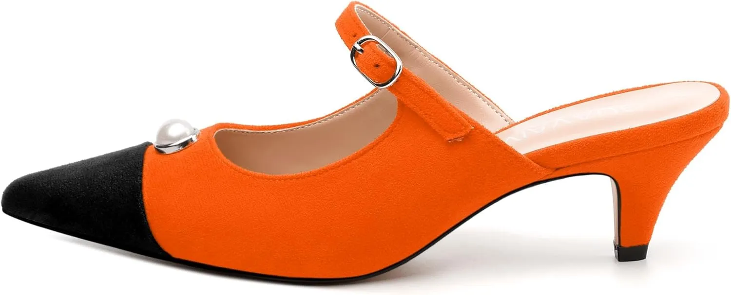 Women's Sandals, Pointed Toe Low Kitten Heels, Two Toned Patchwork Fashion Backstrap Buckle Slide Sandal for Working Wedding Party