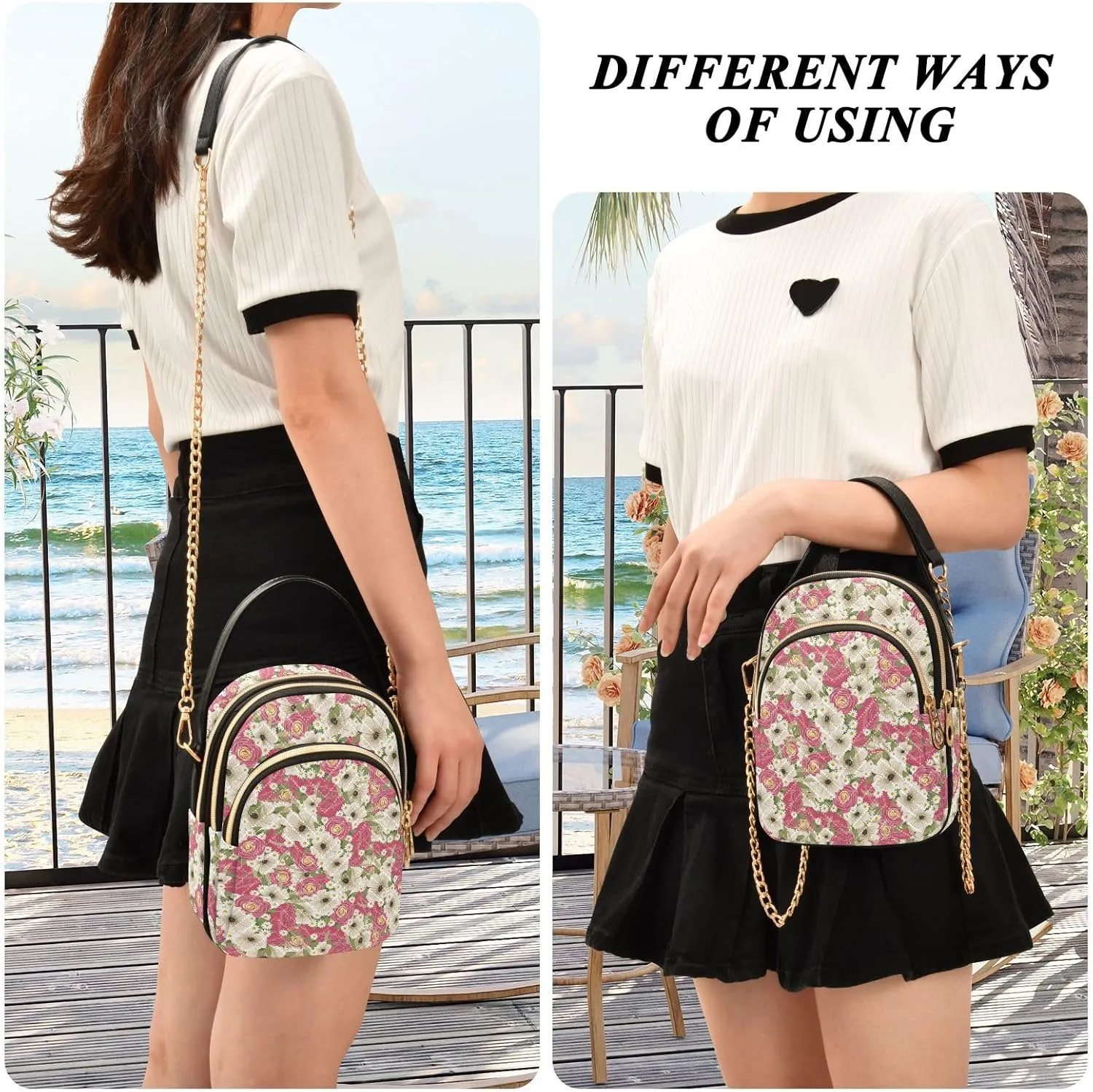 Women's Shoulder Handbags Quilted Fabric Handbags for Women Floral Print Chain Satchel Tote Bag with Zipper,Multi1
