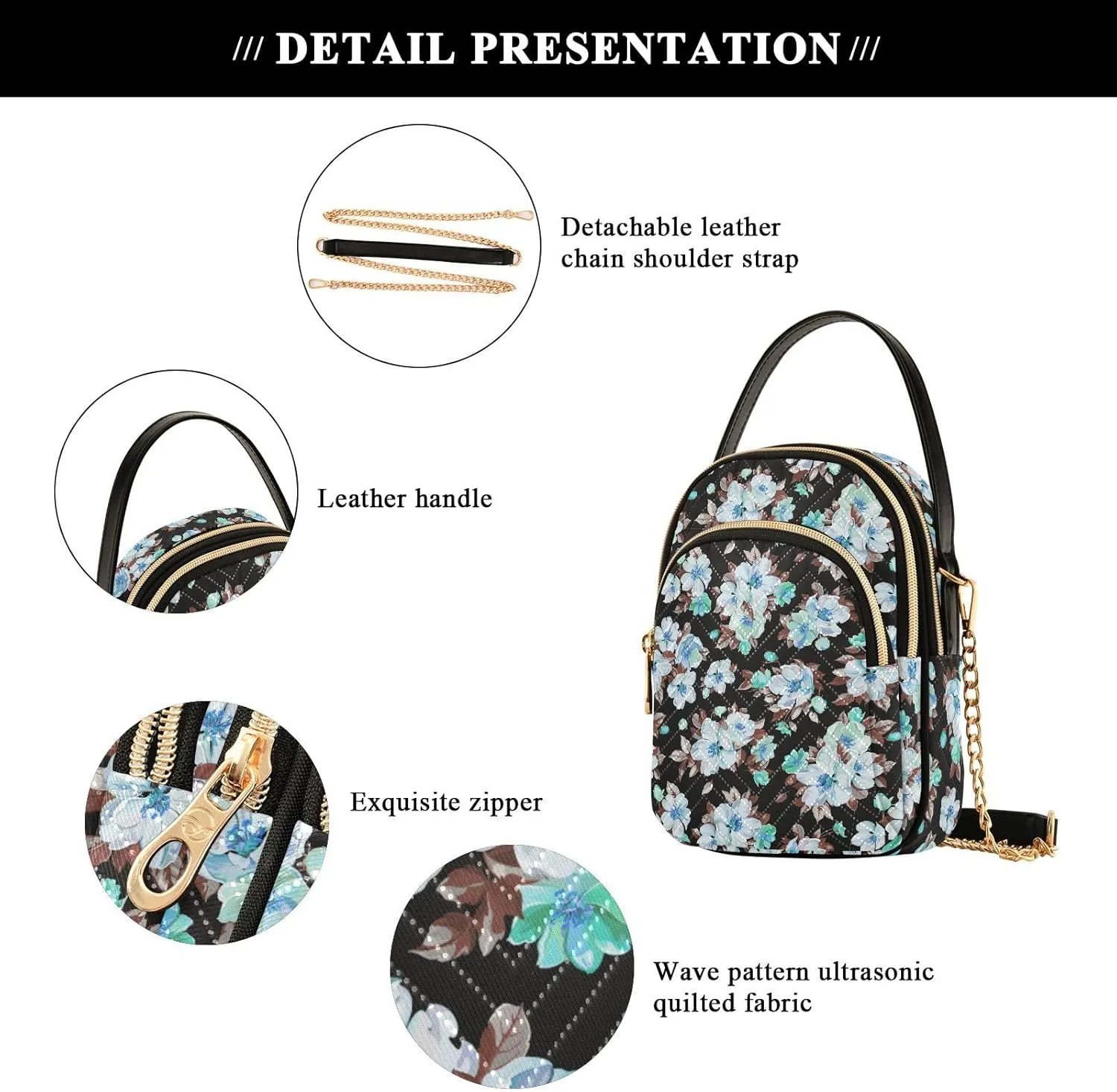 Women's Shoulder Handbags Quilted Fabric Handbags for Women Floral Print Chain Satchel Tote Bag with Zipper,Multi1
