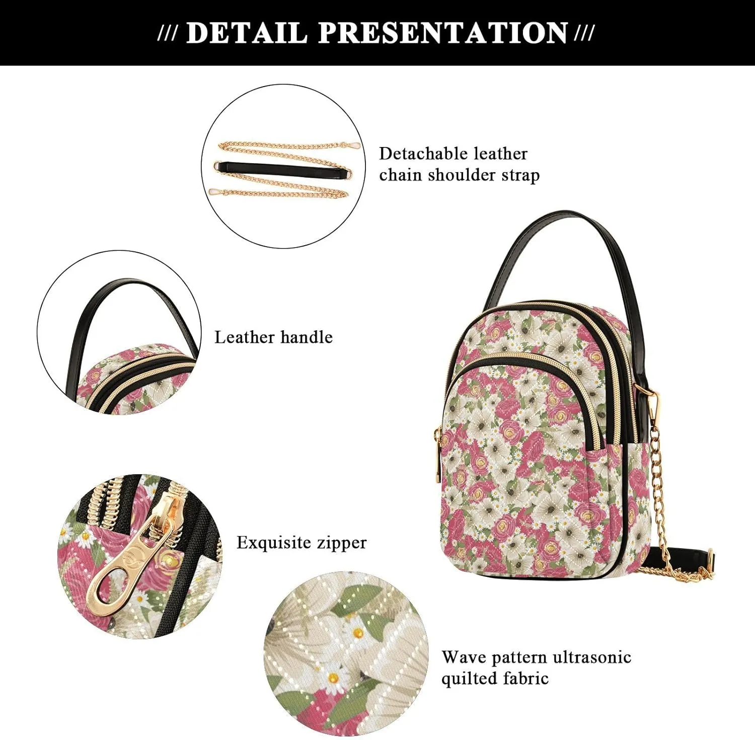 Women's Shoulder Handbags Quilted Fabric Handbags for Women Floral Print Chain Satchel Tote Bag with Zipper,Multi1