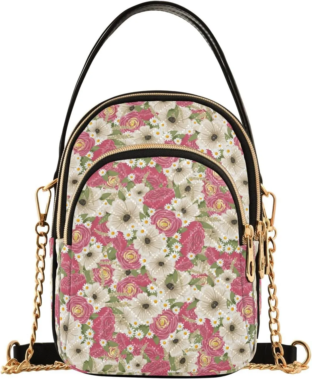 Women's Shoulder Handbags Quilted Fabric Handbags for Women Floral Print Chain Satchel Tote Bag with Zipper,Multi1