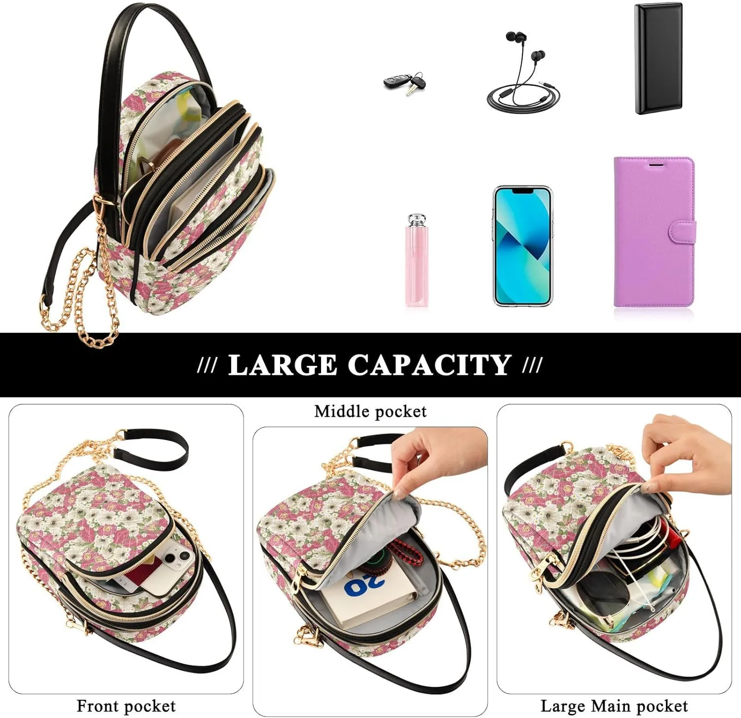 Women's Shoulder Handbags Quilted Fabric Handbags for Women Floral Print Chain Satchel Tote Bag with Zipper,Multi1