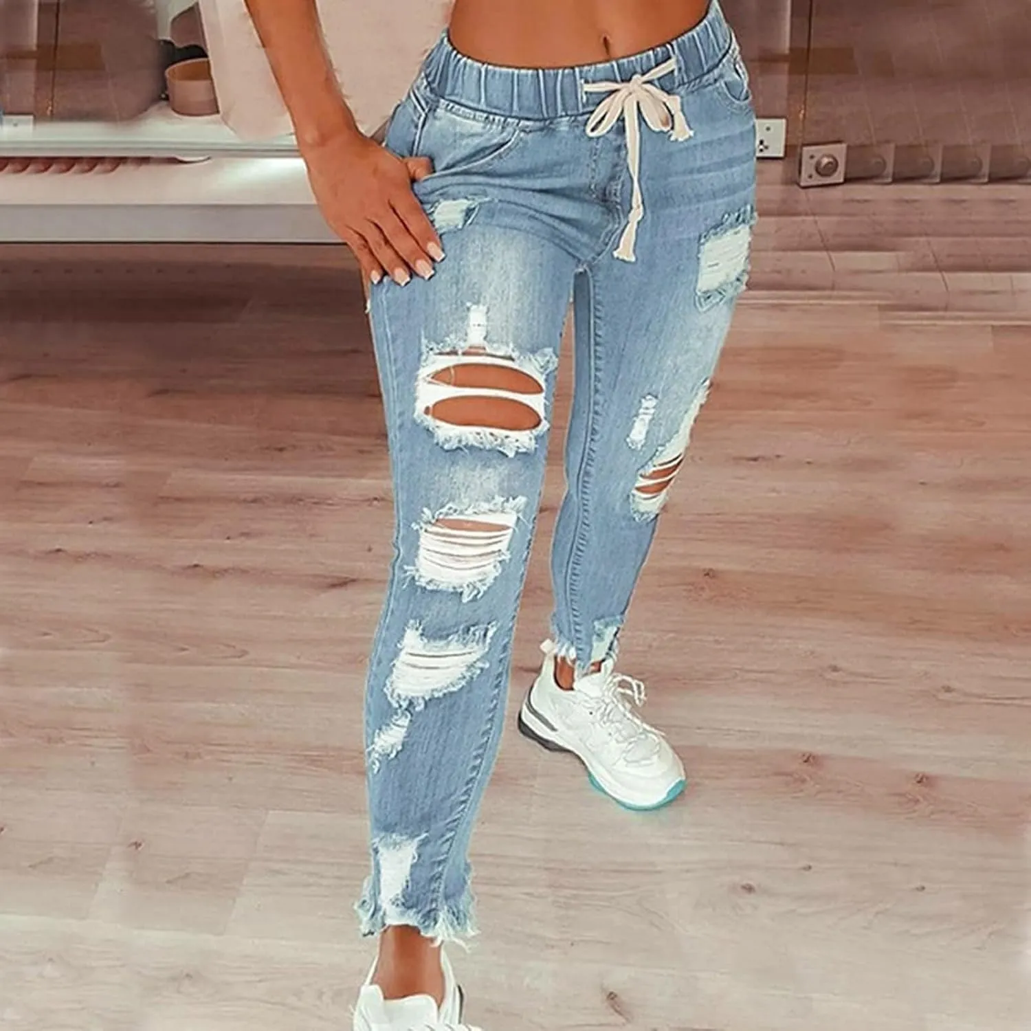 Women's Skinny Ripped Tapered Jeans Mid Rise Distressed Stretchy Denim Pants Slim Tummy Control Denim Leggings with Pockets