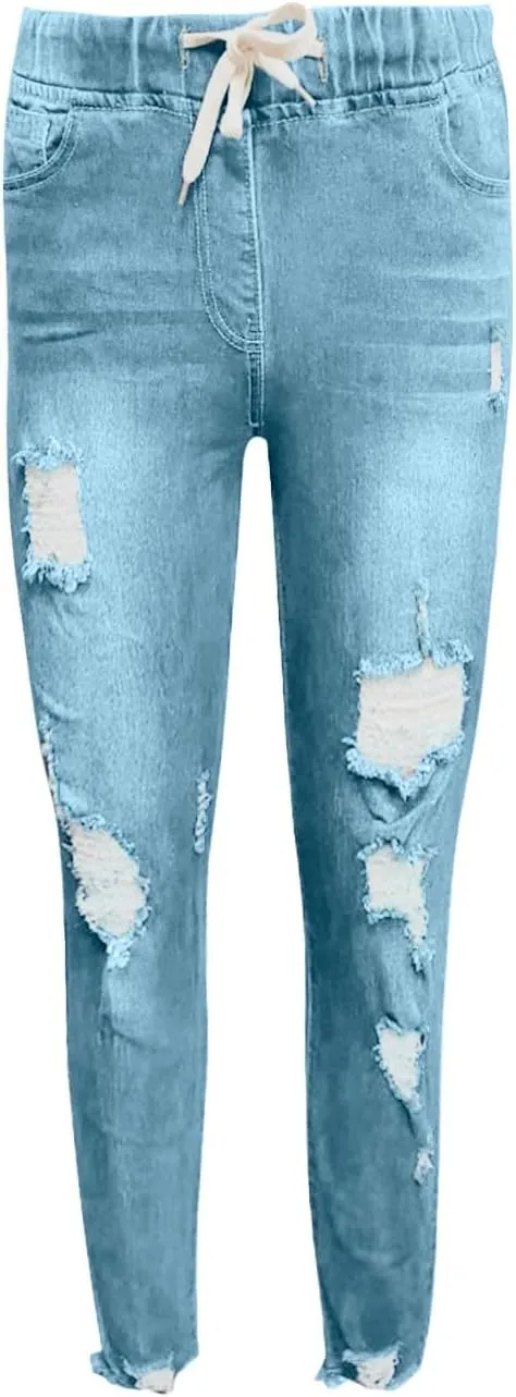 Women's Skinny Ripped Tapered Jeans Mid Rise Distressed Stretchy Denim Pants Slim Tummy Control Denim Leggings with Pockets