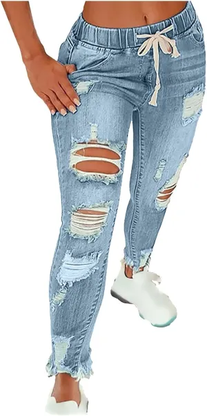 Women's Skinny Ripped Tapered Jeans Mid Rise Distressed Stretchy Denim Pants Slim Tummy Control Denim Leggings with Pockets