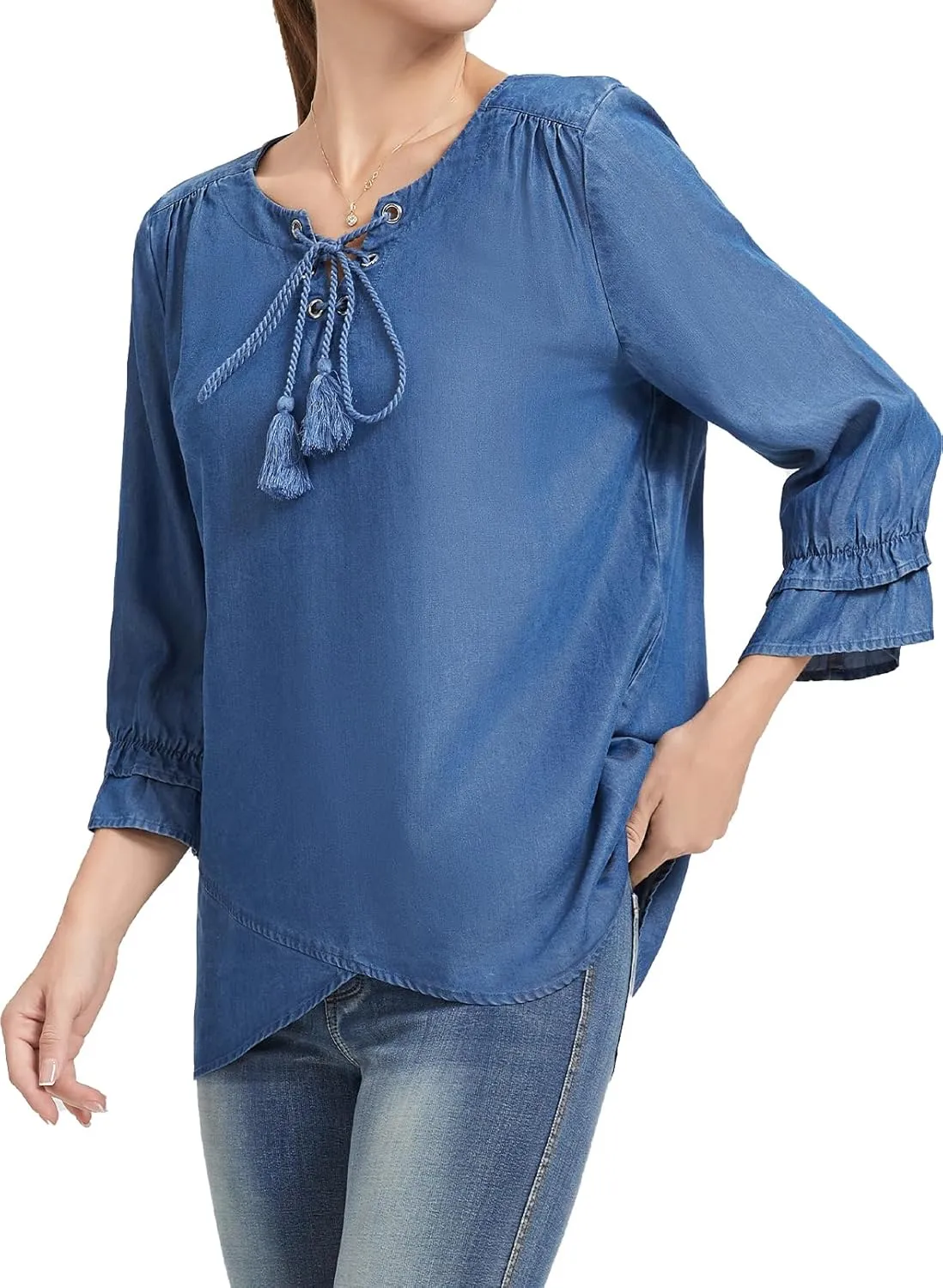 Women's Slim Fit Round Neck Blouse with Adjustable Tie - Blue Casual Fashion Shirt