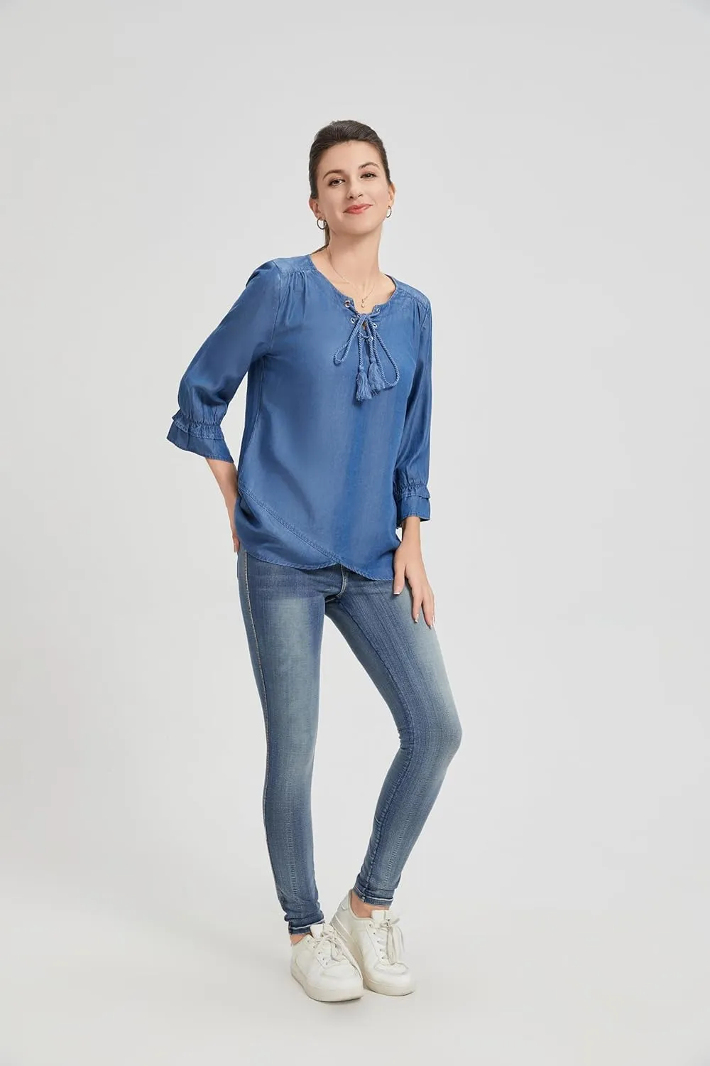Women's Slim Fit Round Neck Blouse with Adjustable Tie - Blue Casual Fashion Shirt