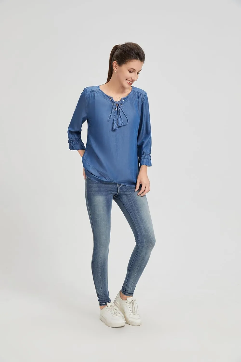 Women's Slim Fit Round Neck Blouse with Adjustable Tie - Blue Casual Fashion Shirt