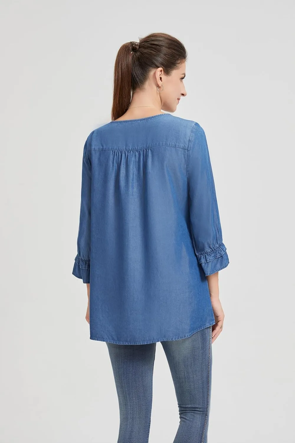 Women's Slim Fit Round Neck Blouse with Adjustable Tie - Blue Casual Fashion Shirt
