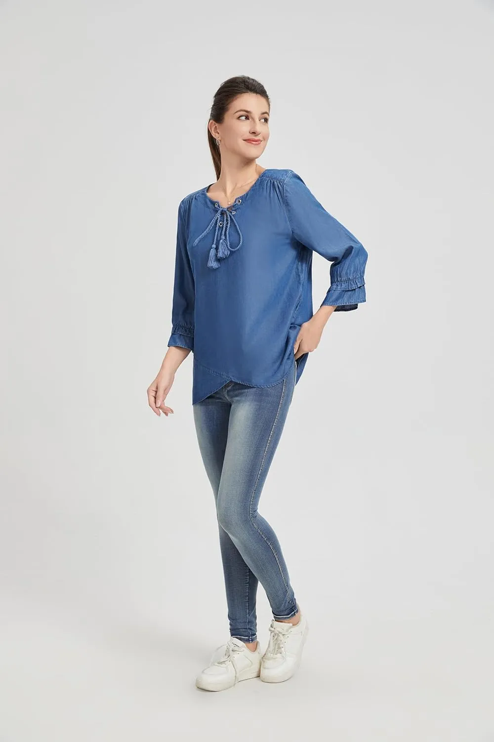 Women's Slim Fit Round Neck Blouse with Adjustable Tie - Blue Casual Fashion Shirt