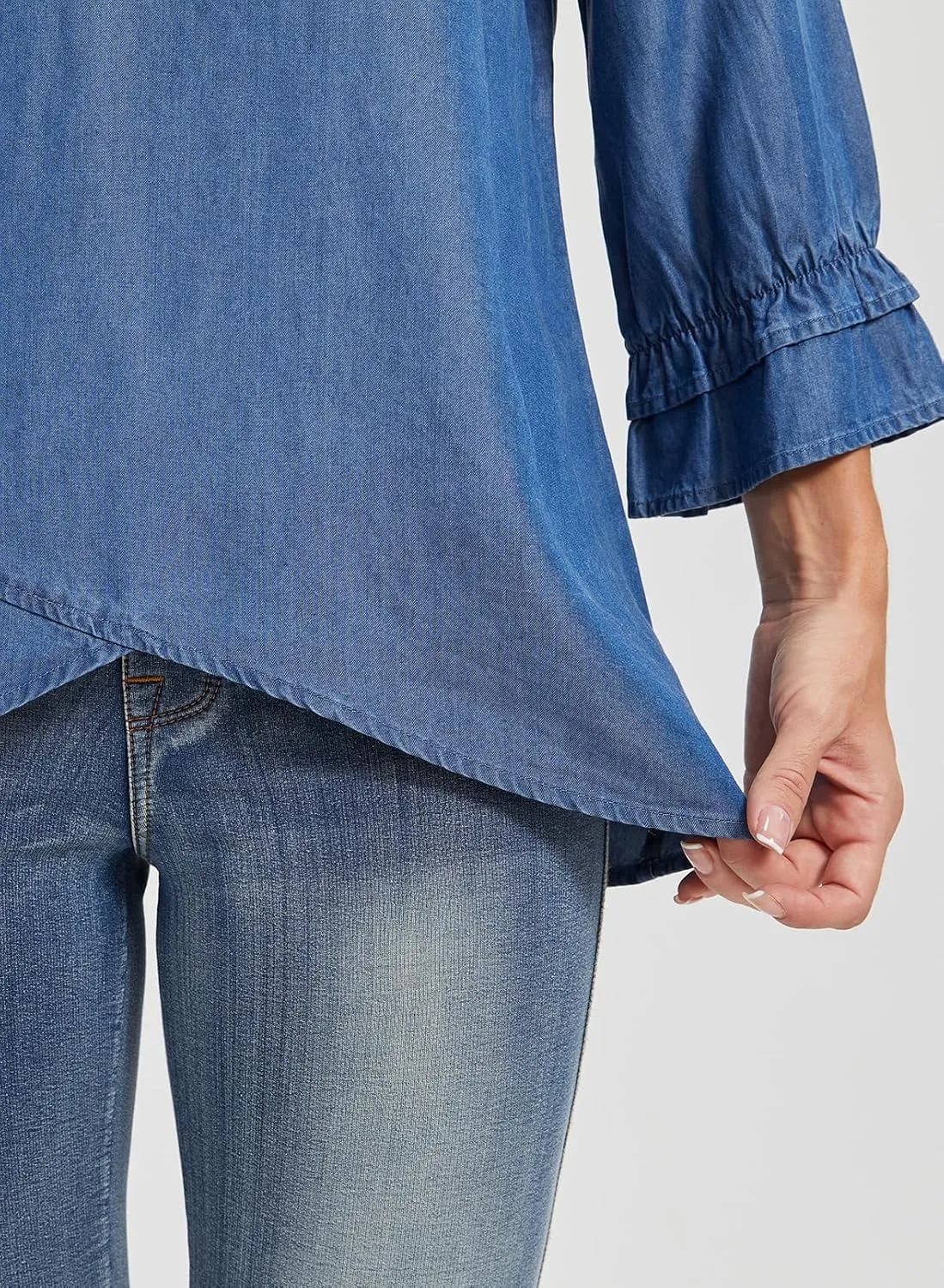Women's Slim Fit Round Neck Blouse with Adjustable Tie - Blue Casual Fashion Shirt