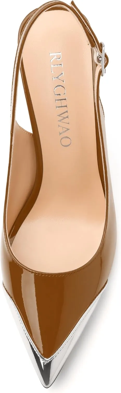 Women's Slingback Pumps, Two Toned Patchwork Pointed Toe High Heels, Slip On Fashion Buckle Daily Working Party Shoes
