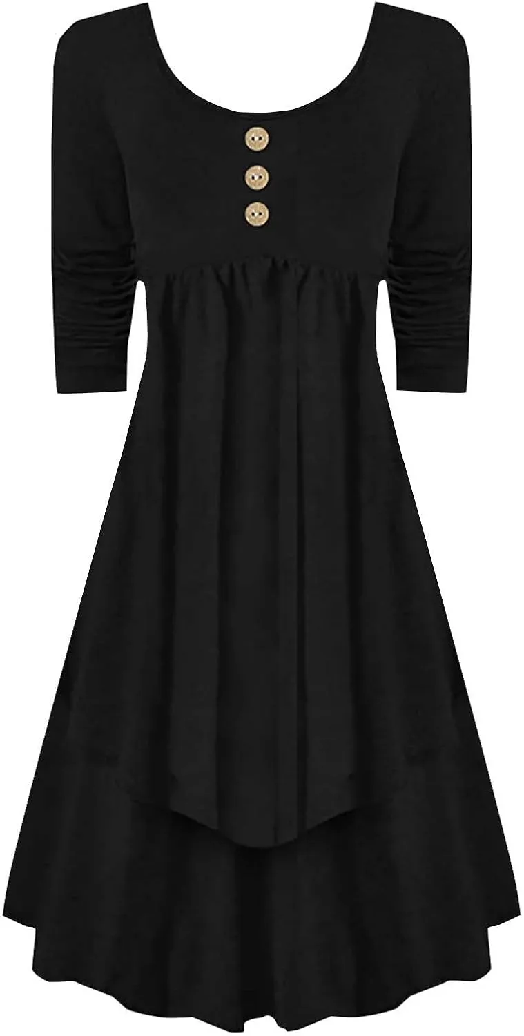Womens Smocked Crewneck Button Up Long Sleeve Empire Waist A-Line Mini Dress 2025 Casual Swing Dresses