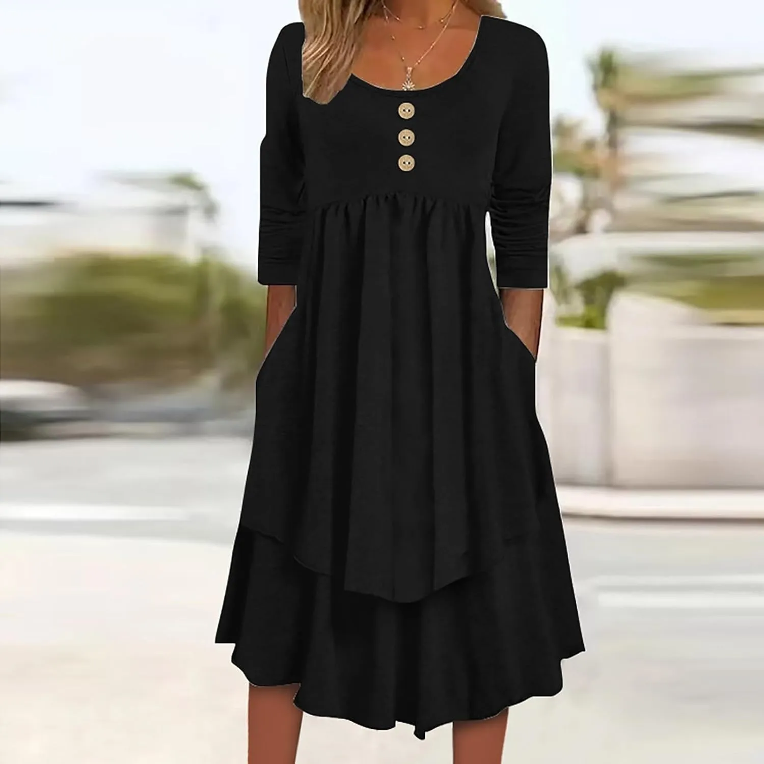 Womens Smocked Crewneck Button Up Long Sleeve Empire Waist A-Line Mini Dress 2025 Casual Swing Dresses
