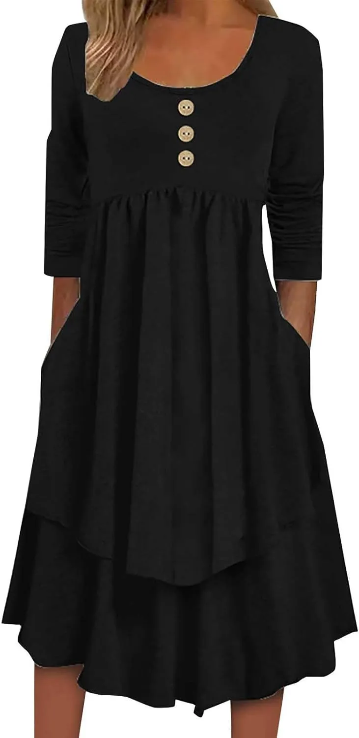 Womens Smocked Crewneck Button Up Long Sleeve Empire Waist A-Line Mini Dress 2025 Casual Swing Dresses