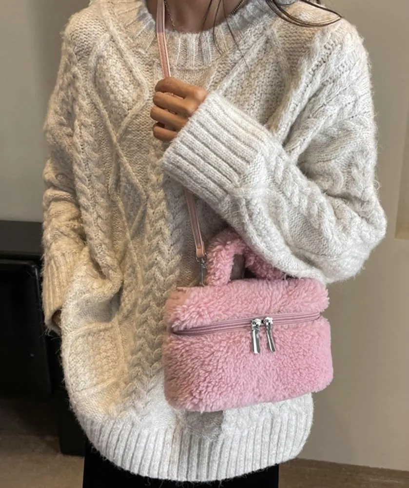 Women's Soft Faux Fur Crossbody Bag Fluffy Top Handle Shoulder Bag Fall Winter Handbag Small Plush Furry Bucket Purse