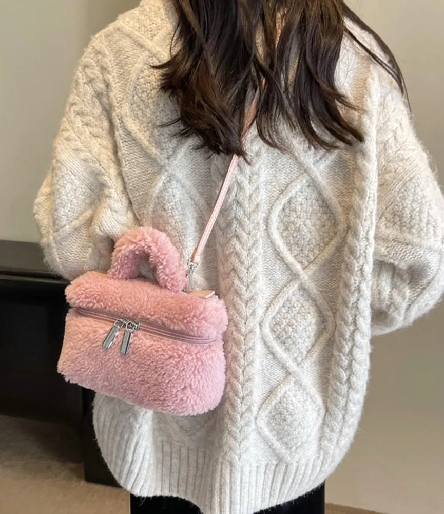 Women's Soft Faux Fur Crossbody Bag Fluffy Top Handle Shoulder Bag Fall Winter Handbag Small Plush Furry Bucket Purse