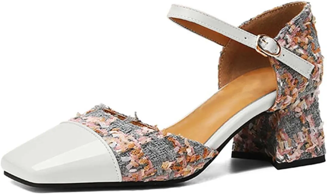 Women's Square Closed Toe D'Orsay Pumps Two Tone Block Mid Heel Wedding Party Dress Shoes Fashion Patchwork Mary Jane Heels Multicolor Classic Comfy Tweed Heels Office Shoes