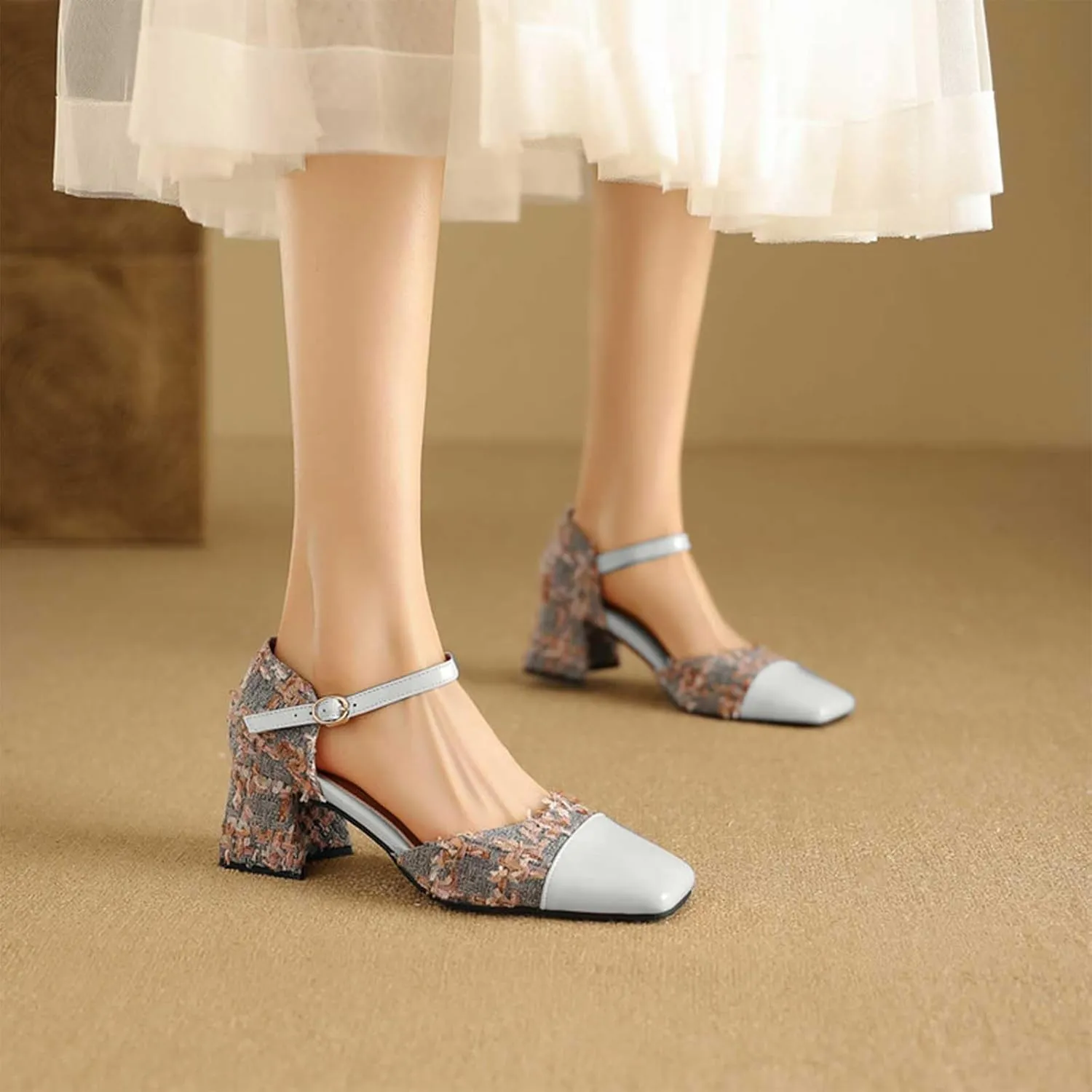 Women's Square Closed Toe D'Orsay Pumps Two Tone Block Mid Heel Wedding Party Dress Shoes Fashion Patchwork Mary Jane Heels Multicolor Classic Comfy Tweed Heels Office Shoes