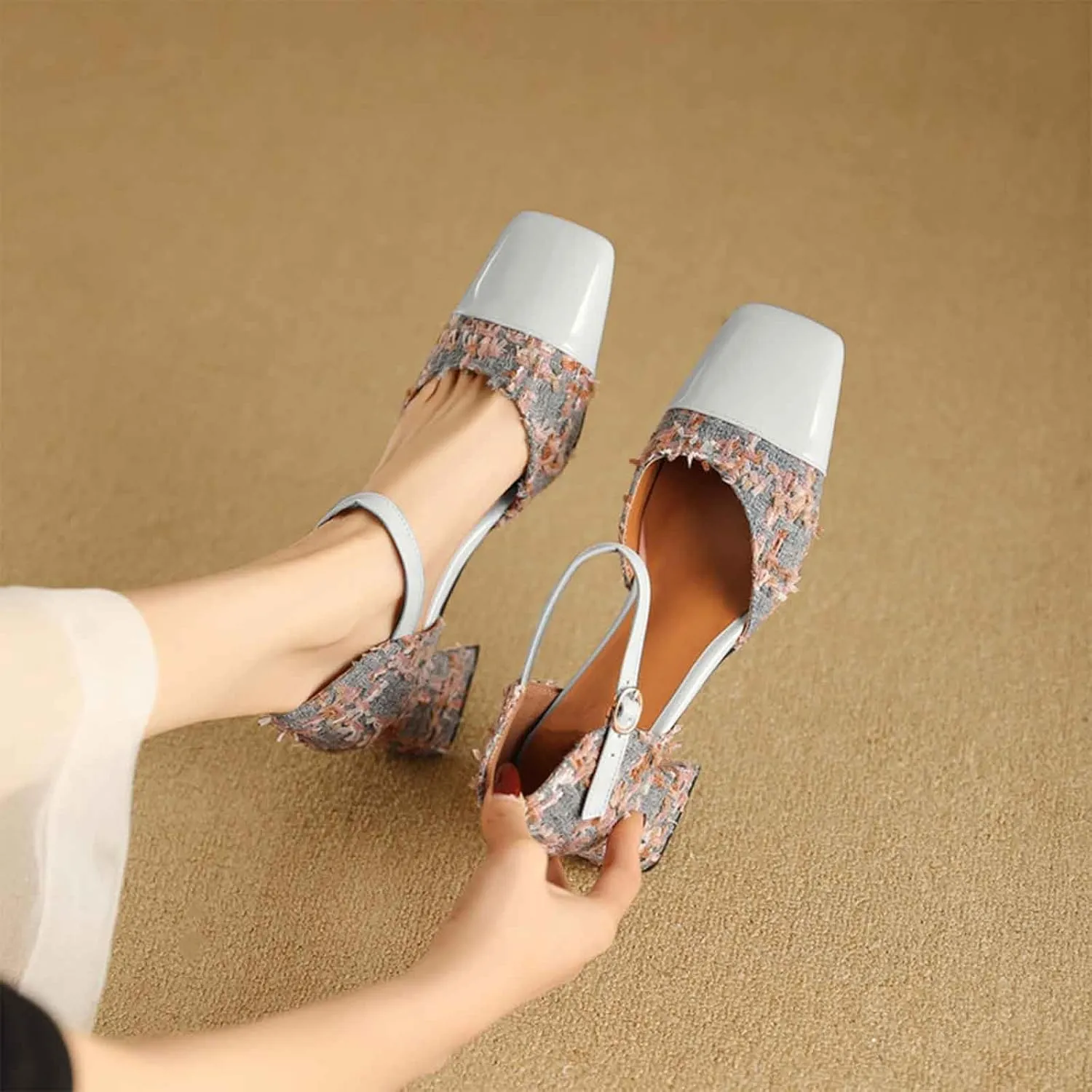 Women's Square Closed Toe D'Orsay Pumps Two Tone Block Mid Heel Wedding Party Dress Shoes Fashion Patchwork Mary Jane Heels Multicolor Classic Comfy Tweed Heels Office Shoes