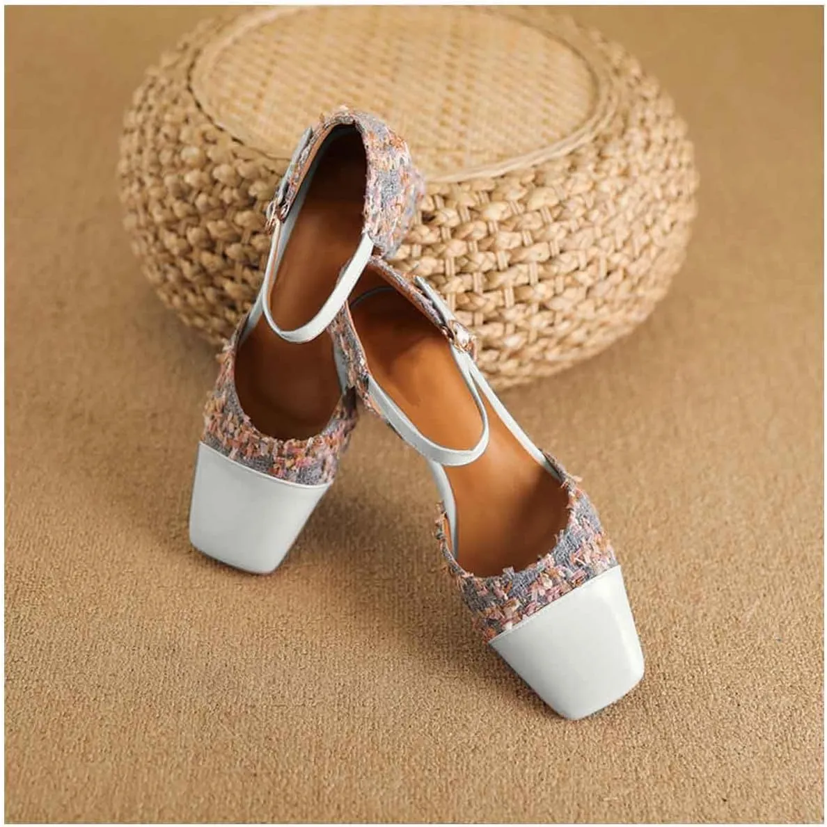 Women's Square Closed Toe D'Orsay Pumps Two Tone Block Mid Heel Wedding Party Dress Shoes Fashion Patchwork Mary Jane Heels Multicolor Classic Comfy Tweed Heels Office Shoes