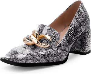 Women's Square Toe Slip On Metal Chain Pumps Chunky Heel Patent Leather Dress Shoes