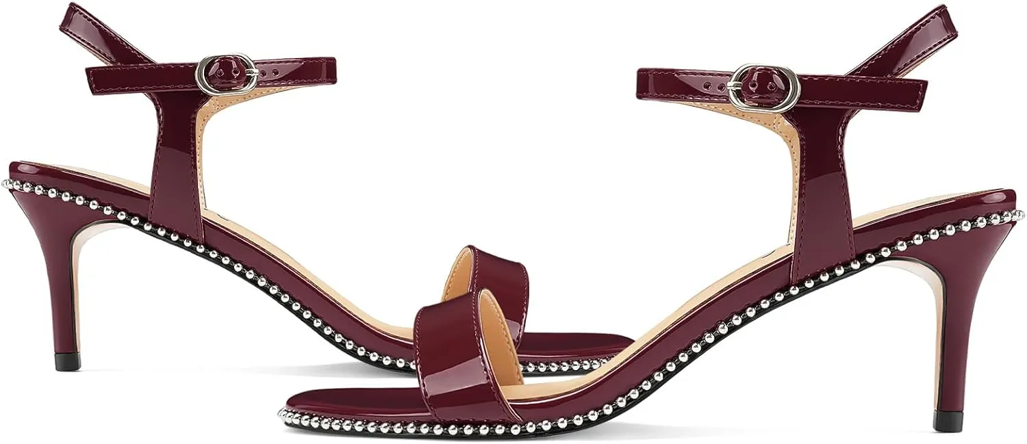 Women's Stiletto High Heels Patent Leather Heeled Sandals Beaded Kitten Heels Open Toe Shoes Dressy Studded Stilettos for Ladies Sexy