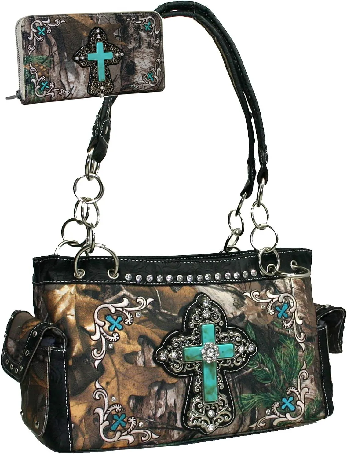 Women's Studded Cross Rhinestone Western Purse Wallet Matching Wallet
