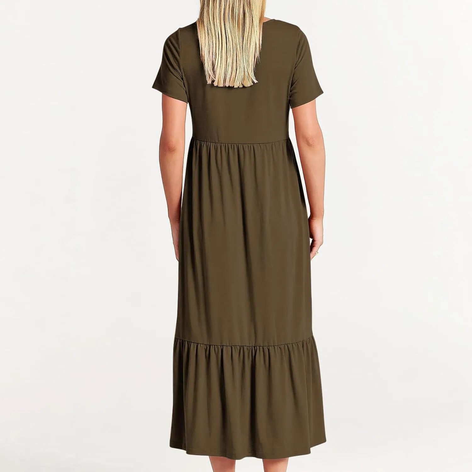Women's Summer Casual Short Sleeve Crewneck Long Dress Solid Flowy Tiered Maxi Beach Dress with Pockets