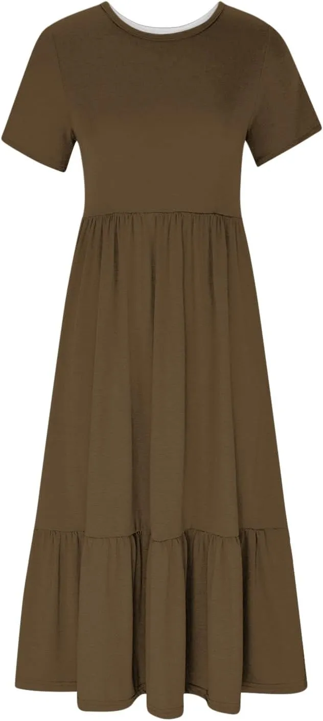 Women's Summer Casual Short Sleeve Crewneck Long Dress Solid Flowy Tiered Maxi Beach Dress with Pockets