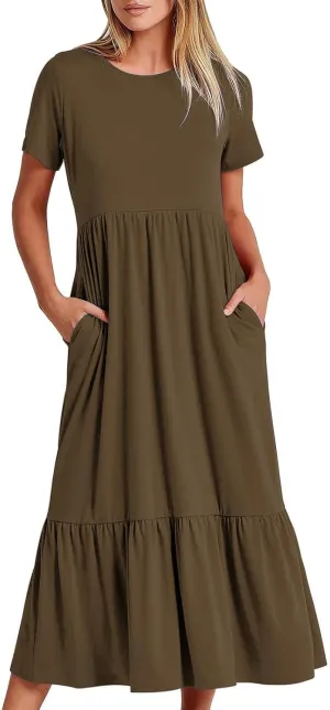 Women's Summer Casual Short Sleeve Crewneck Long Dress Solid Flowy Tiered Maxi Beach Dress with Pockets