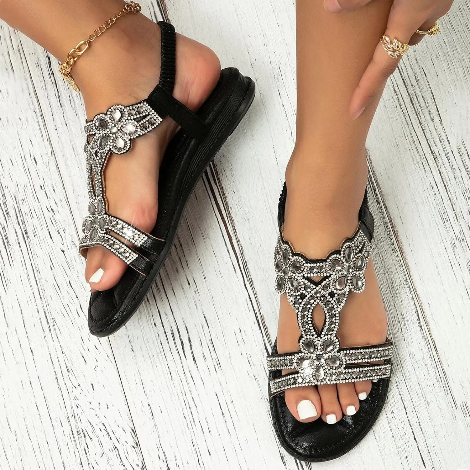 Women's T-Strap Beaded Flower Rhinestone Flat Sandals Dress Beach Shoes Summer Open Toe Sandals (Black, 9)