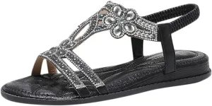 Women's T-Strap Beaded Flower Rhinestone Flat Sandals Dress Beach Shoes Summer Open Toe Sandals (Black, 9)