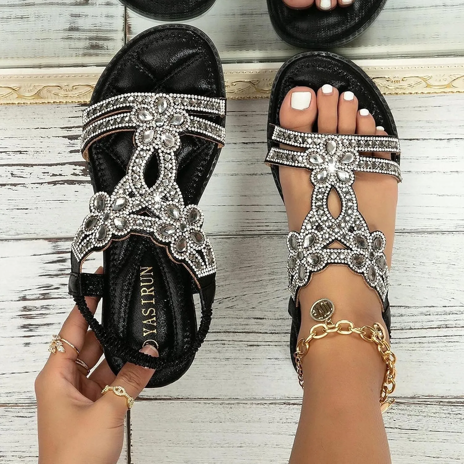 Women's T-Strap Beaded Flower Rhinestone Flat Sandals Dress Beach Shoes Summer Open Toe Sandals (Black, 9)