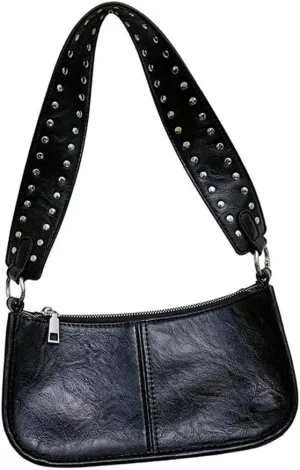 Women's Trendy Rivets Studded Wide Strap Shoulder Bag PU Leather 90s Styles Handbag Small Crossbody Purse Underarm Bag