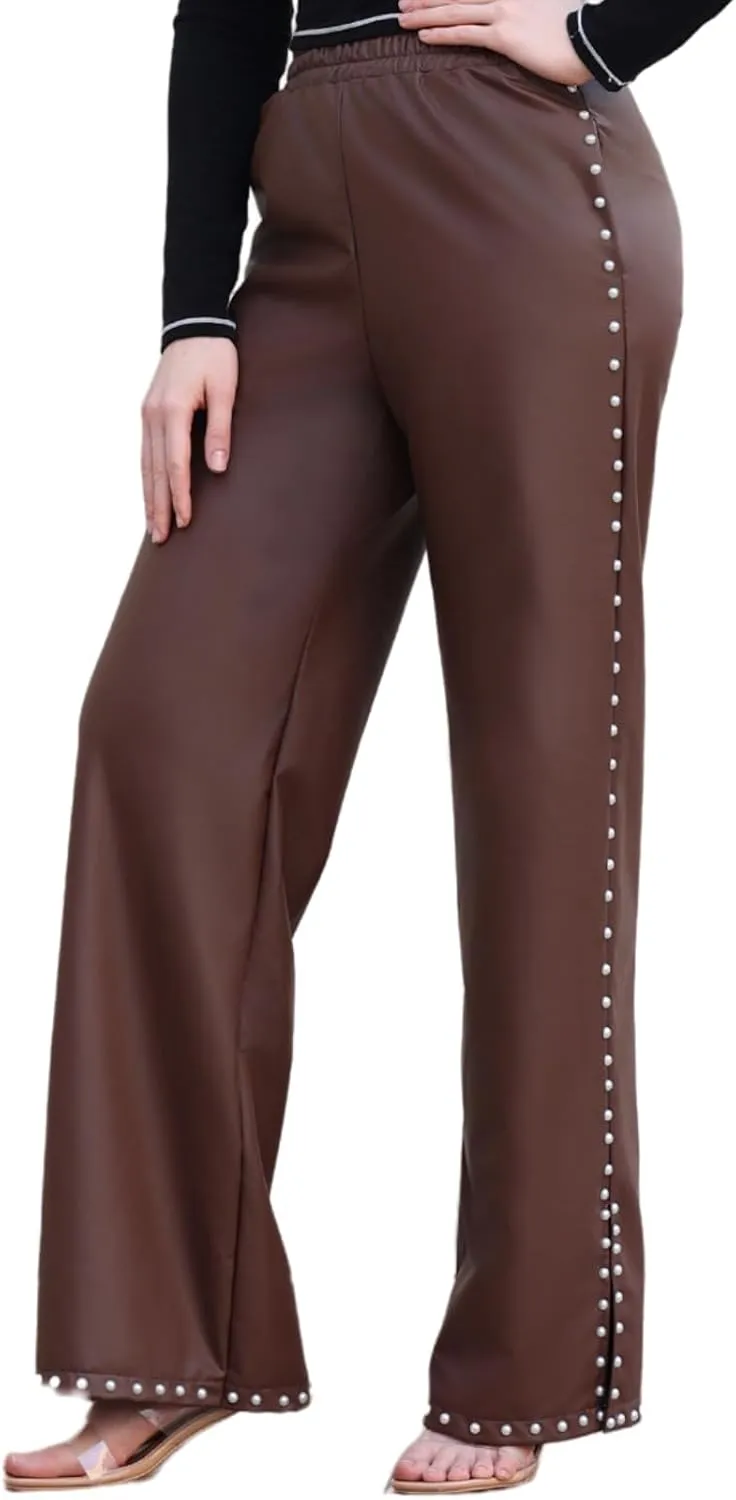 Women's Wide Leg Faux Leather Pants Rivets Pearls Elastic Waist Beggy Trousers with Pockets