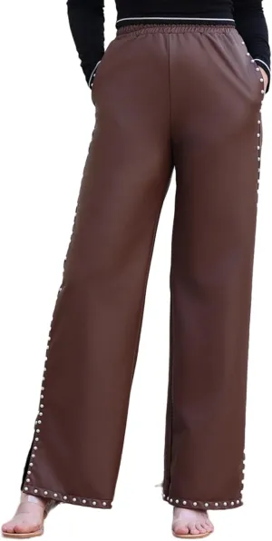 Women's Wide Leg Faux Leather Pants Rivets Pearls Elastic Waist Beggy Trousers with Pockets