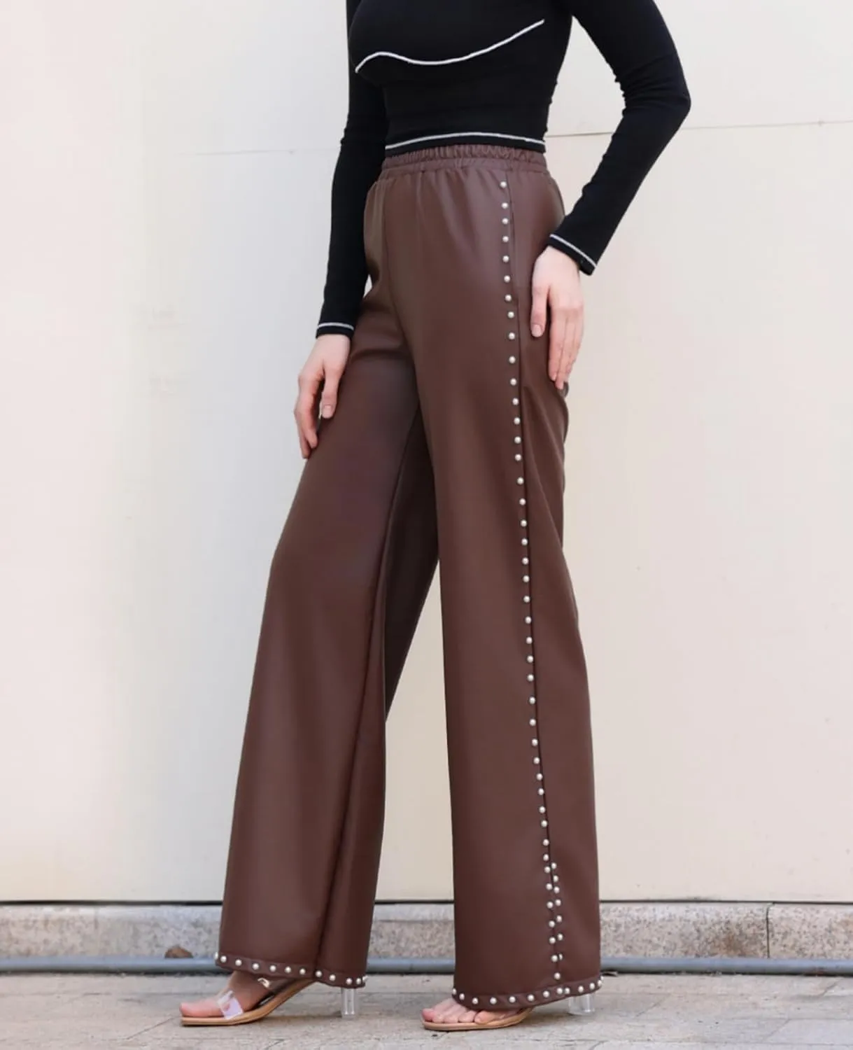 Women's Wide Leg Faux Leather Pants Rivets Pearls Elastic Waist Beggy Trousers with Pockets