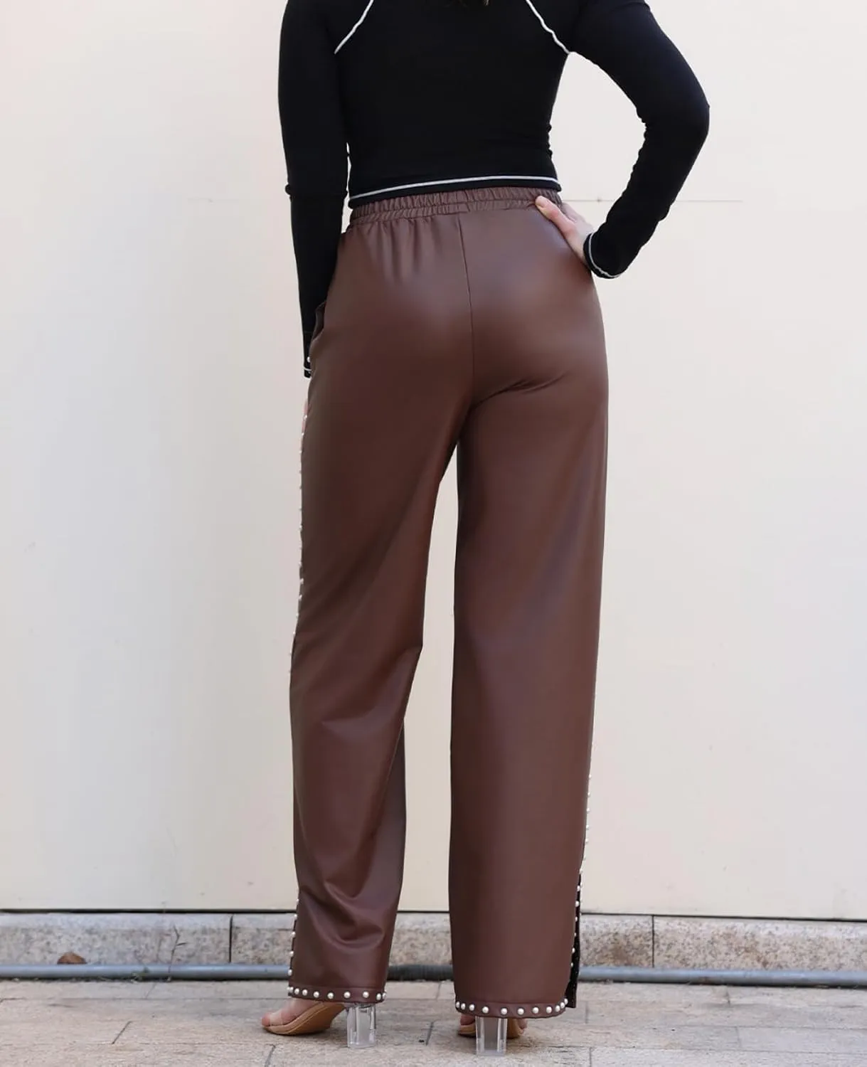 Women's Wide Leg Faux Leather Pants Rivets Pearls Elastic Waist Beggy Trousers with Pockets
