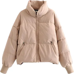 Womens Winter Cropped Puffer Jacket Baggy Lightweight Down Coats Zip Up Stand Collar Short Jackets Padded Outerwear
